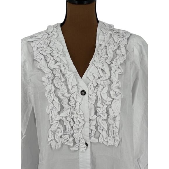 POL New in Bag Long Sleeve Ruffle Collar V-Neck Button-Up Shirt in White – Small - Picture 2 of 6